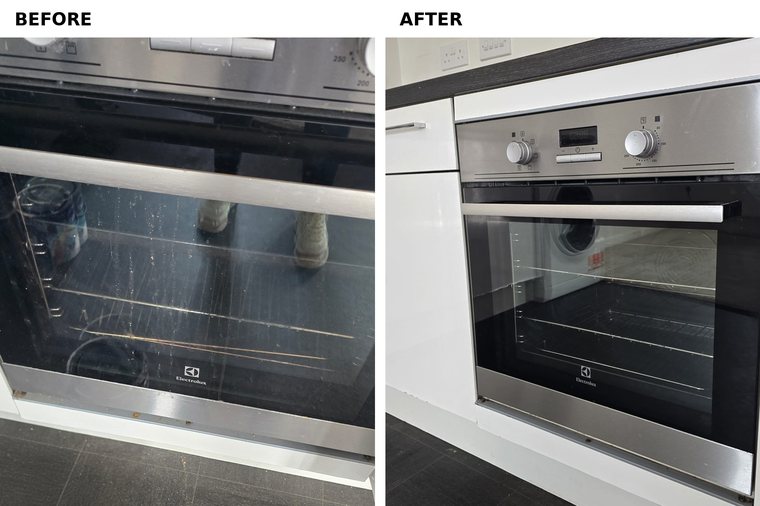 Before and after a deep oven clean, showing the interior racks and door glass cleared of burnt-on residue