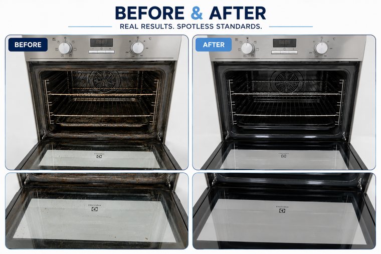 Before and after an oven clean: greasy, marked oven door on the left, clean and clear on the right